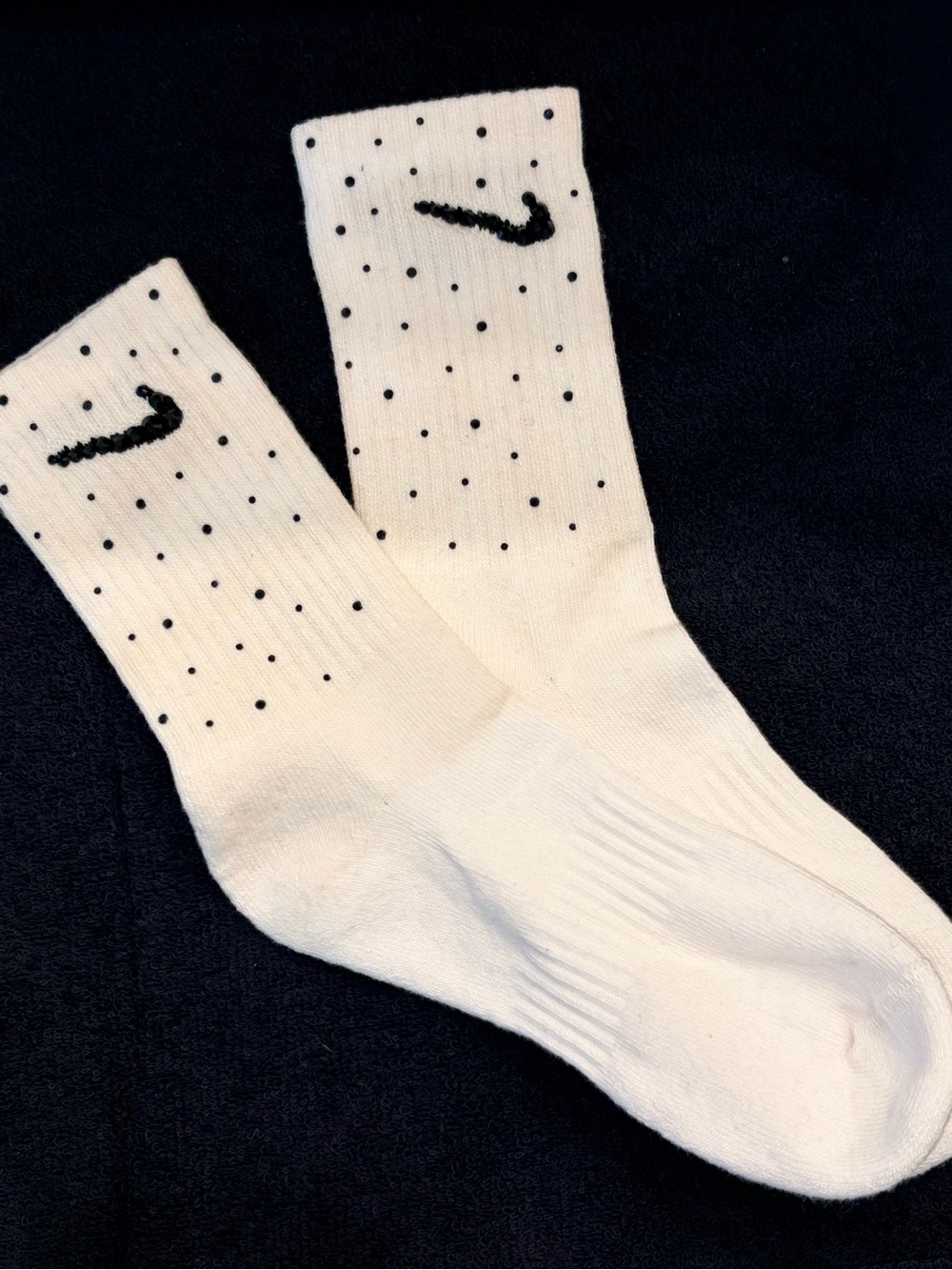 Nike White Crew Socks with blk rhinestones and Black Swoosh